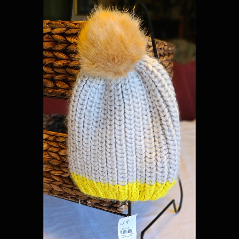 Ann Taylor The Loft Ribbed Pom Pom Hat Gray